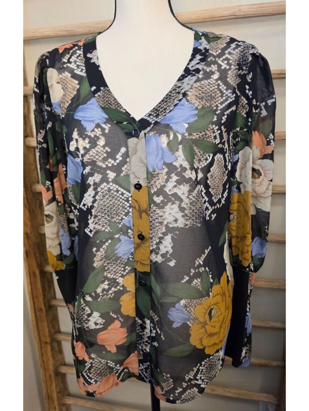Cabi Women's Medium Sheer Floral Button-Up Blouse